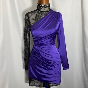 NWT Ieena for Mac Duggal Purple Satin Mini with Lace Detail Size 2